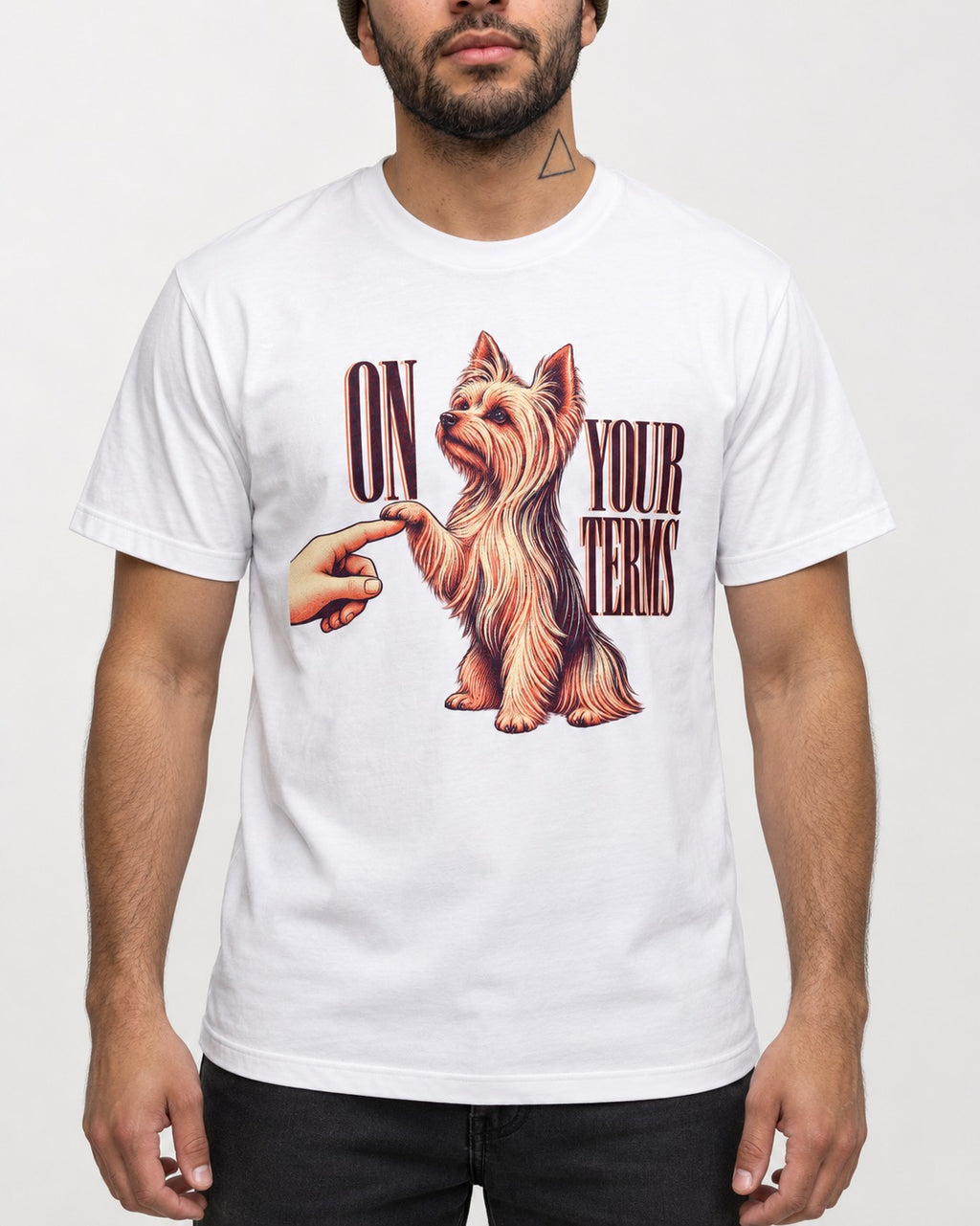 Yorkshire Terrier On Your Terms T-Shirt in White, worn by a model, front view