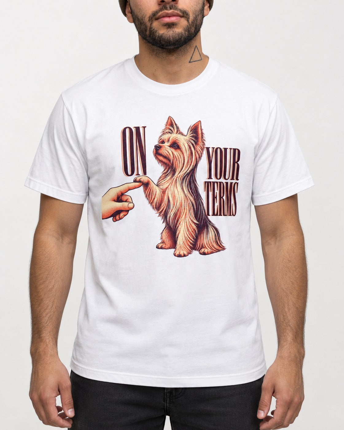 Yorkshire Terrier On Your Terms T-Shirt in White, worn by a model, front view