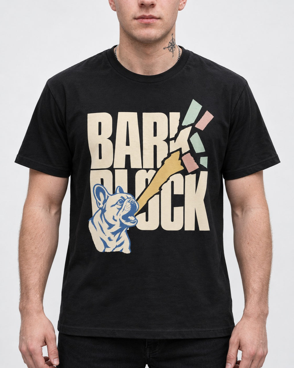Frenchie Bark Breaks Bark Block Graphic T-Shirt in Black, worn by a model, front view