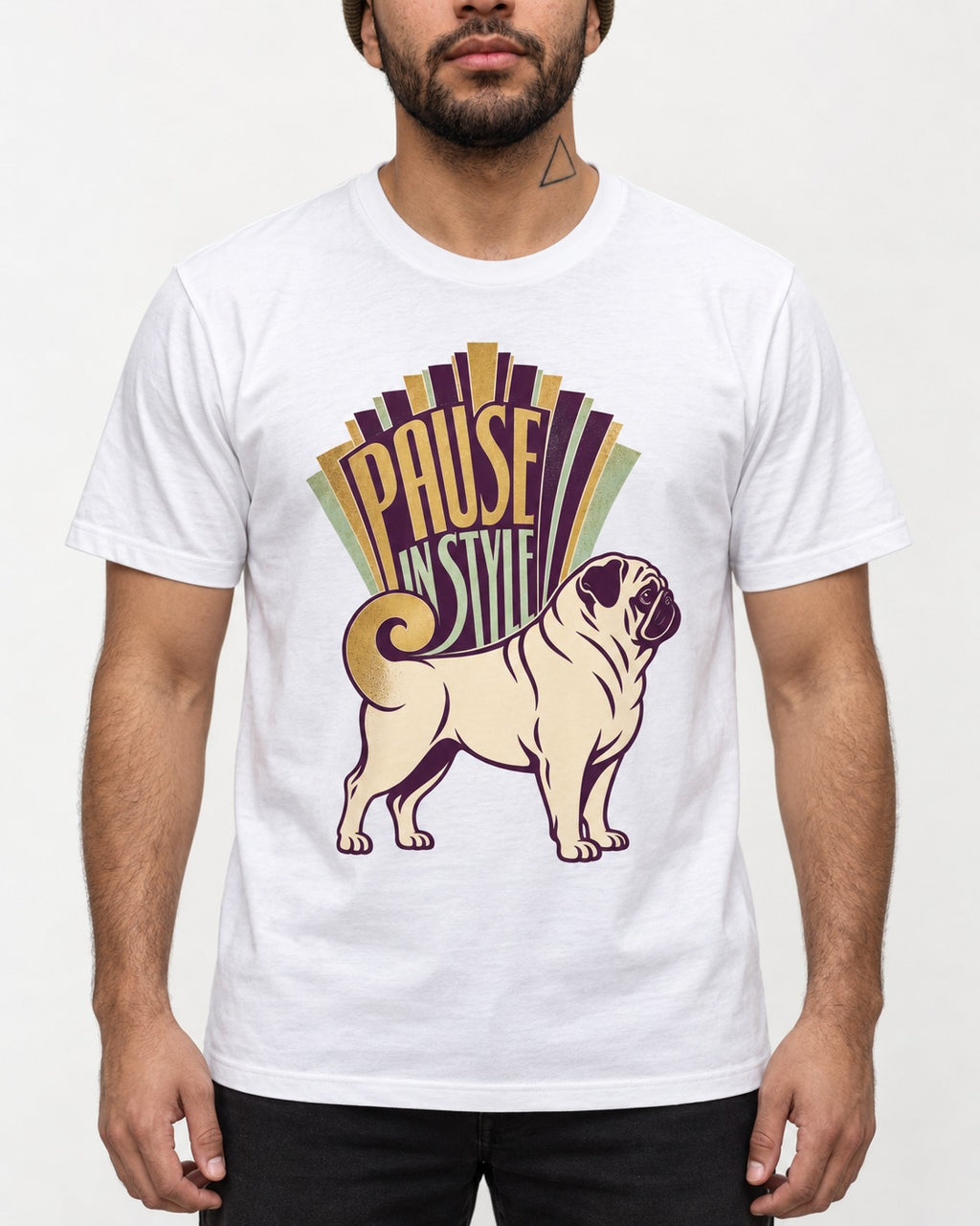Pug Pause T-Shirt in White, worn by a model, front view