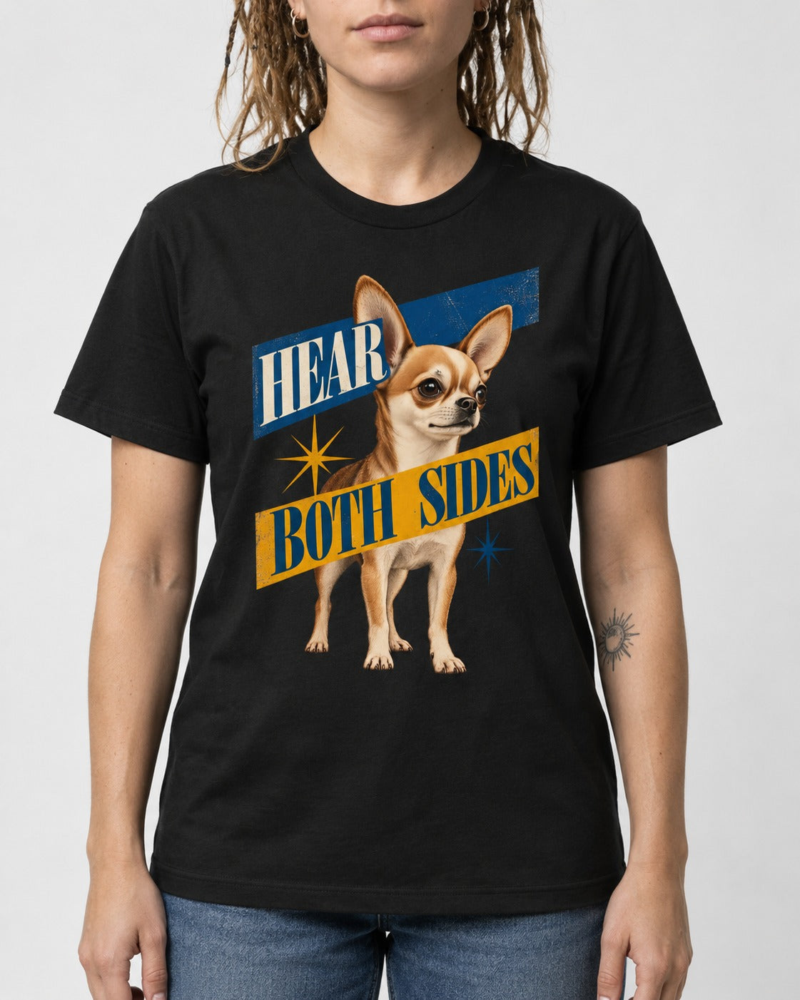 Chihuahua Hear Both Sides Banner Graphic T-Shirt in Black, worn by a model, front view