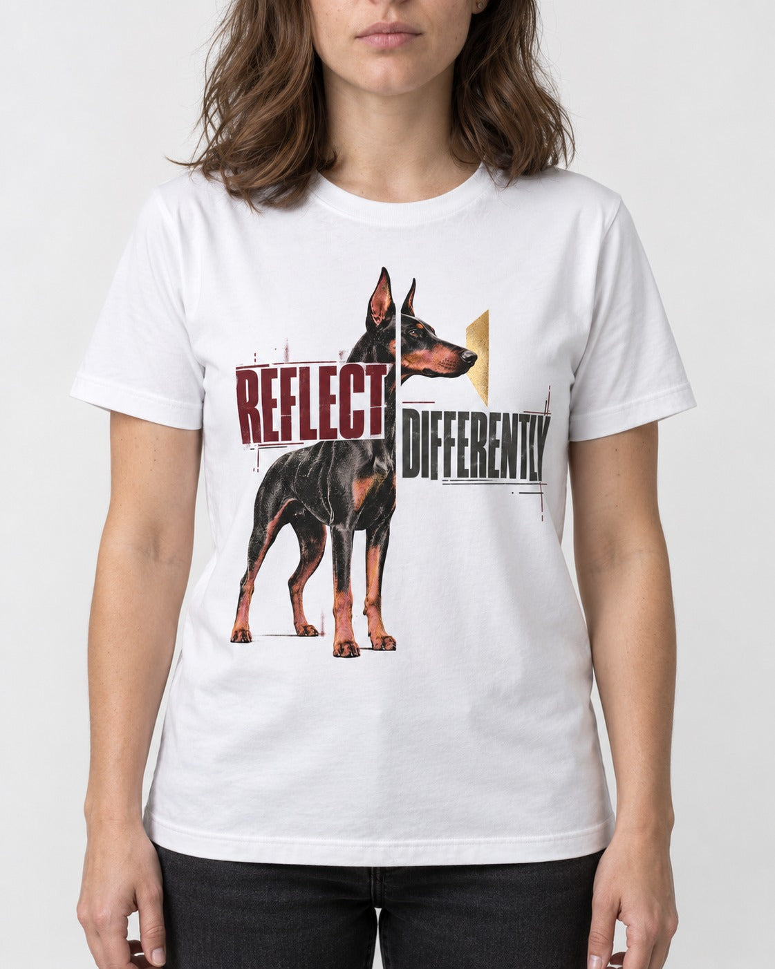Doberman Reflects Differently T-Shirt in White, worn by a model, front view