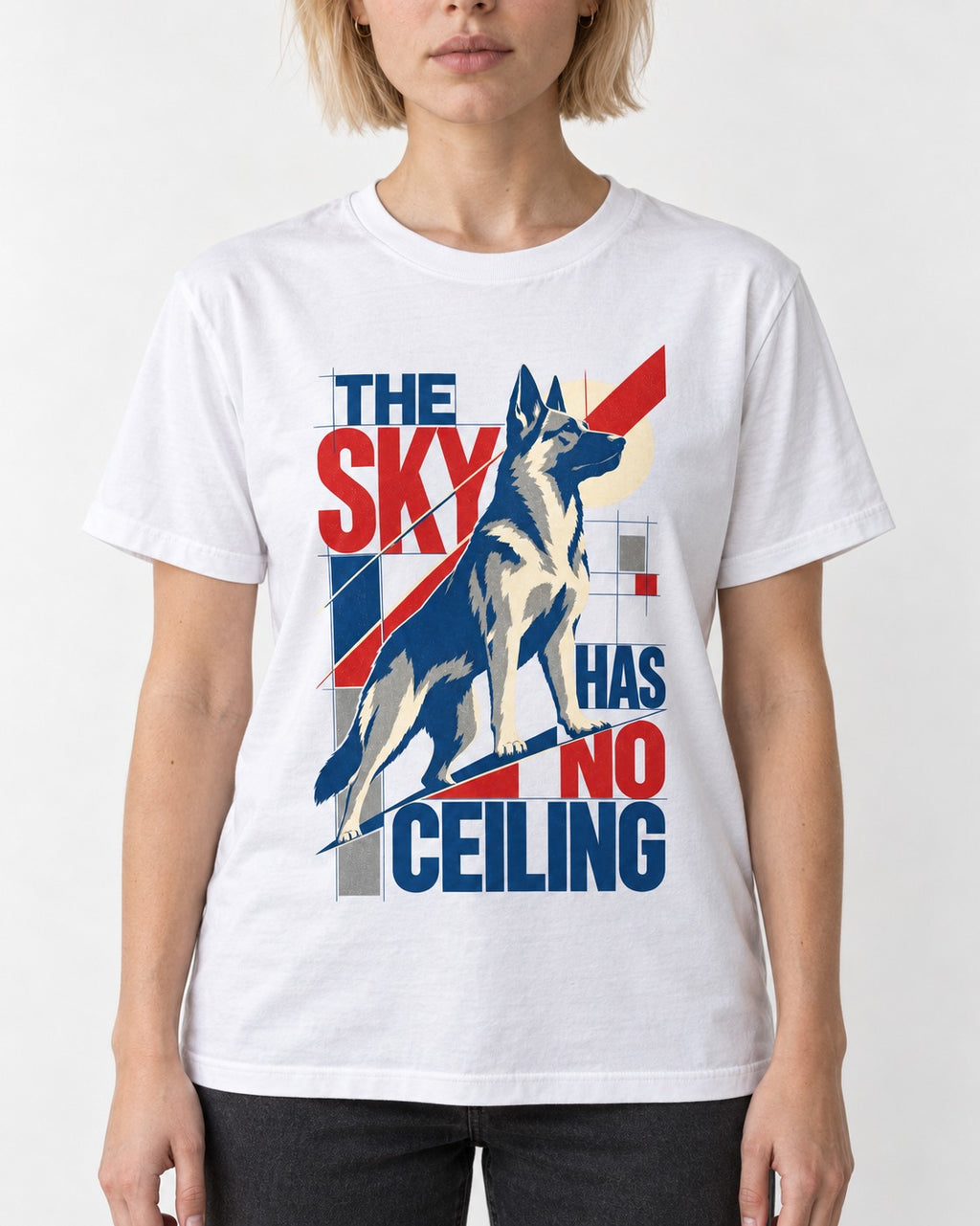 Sky Has No Ceiling German Shepherd Dog T-Shirt in White, worn by a model, front view