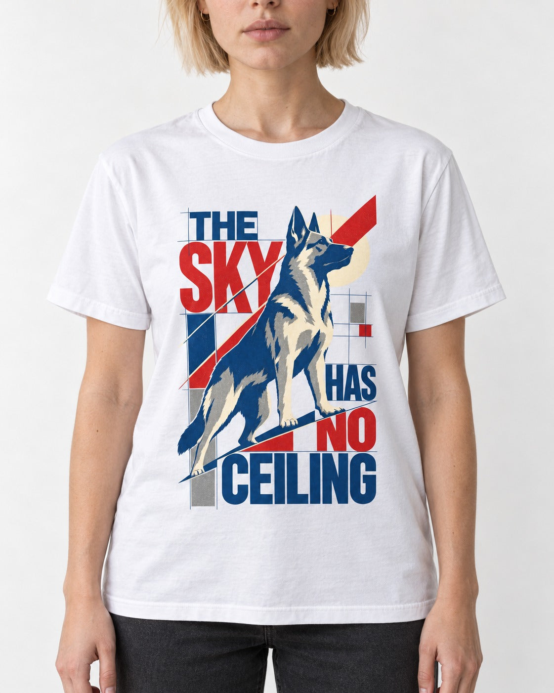 Sky Has No Ceiling German Shepherd Dog T-Shirt in White, worn by a model, front view
