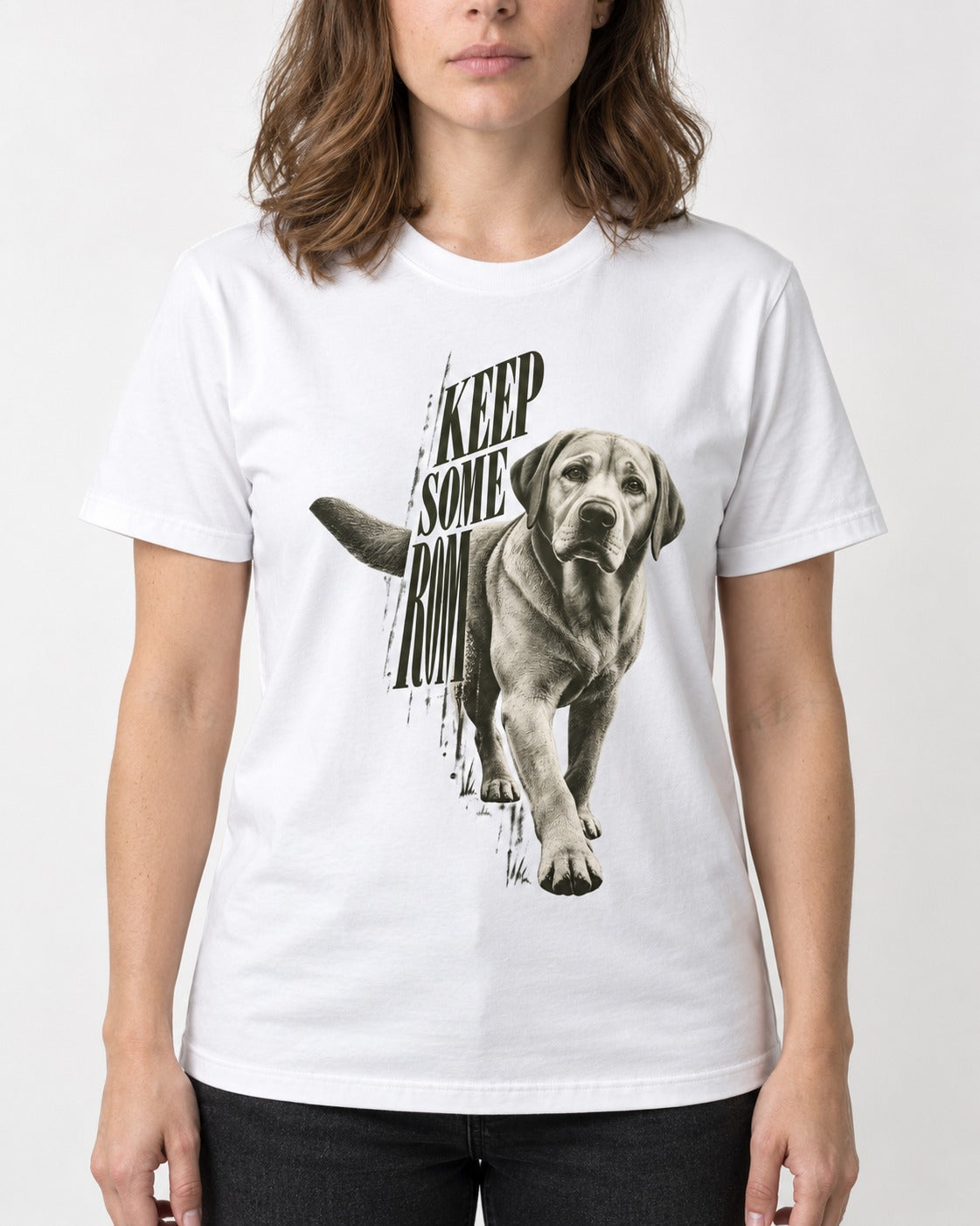 Keep Some Room Labrador Retriever T-Shirt in White, worn by a model, front view
