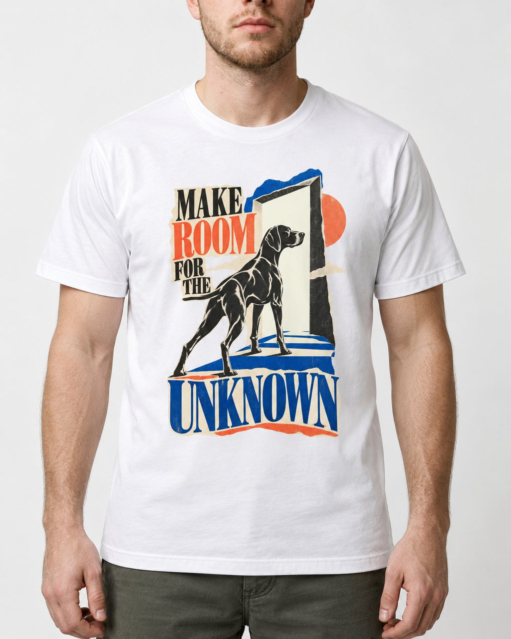 German Shorthaired Pointer Room for the Unknown T-Shirt in White, worn by a model, front view
