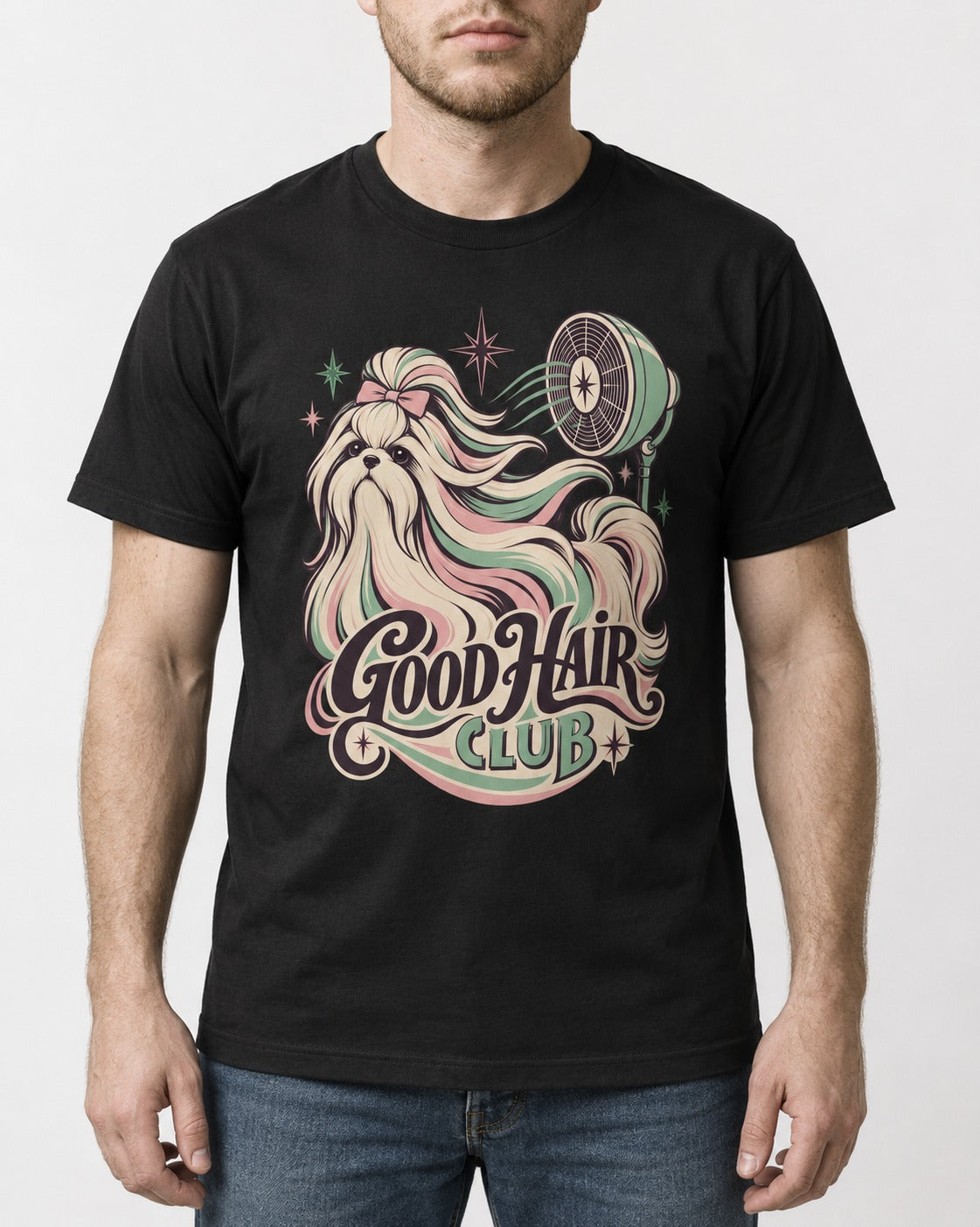 Shih Tzu Good Hair Club Salon Fan Graphic T-Shirt in Black, worn by a model, front view
