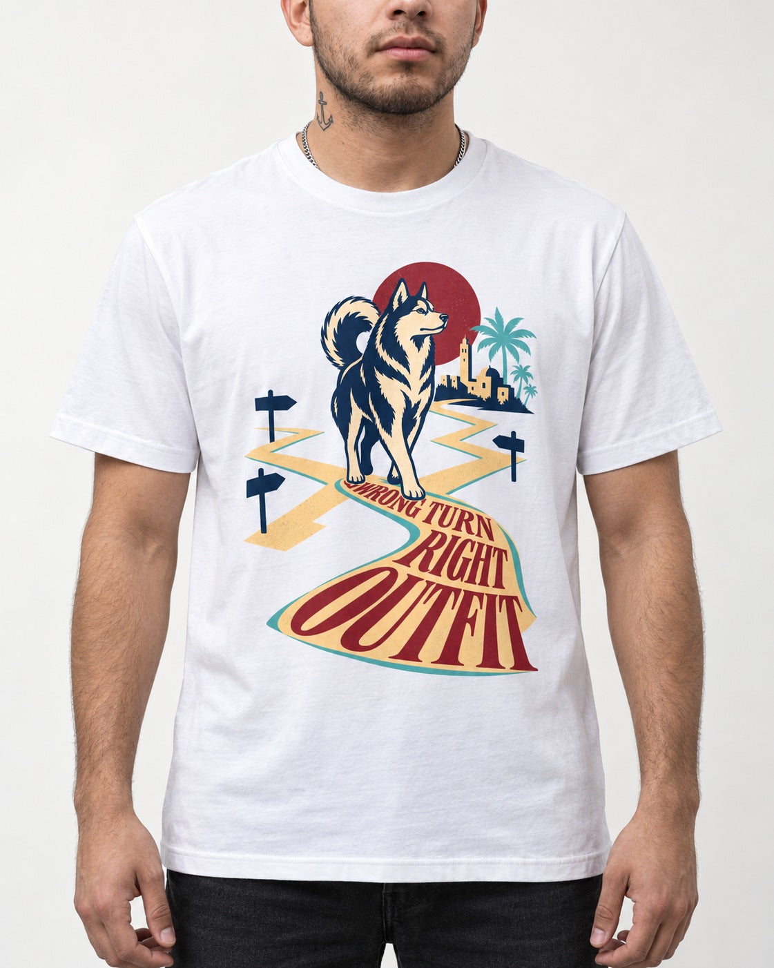 Wrong Turn Right Outfit Husky T-Shirt in White, worn by a model, front view