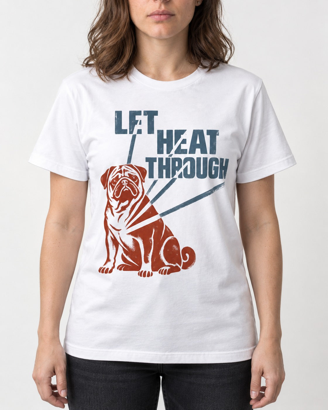 Let the Pug Through T-Shirt in White, worn by a model, front view