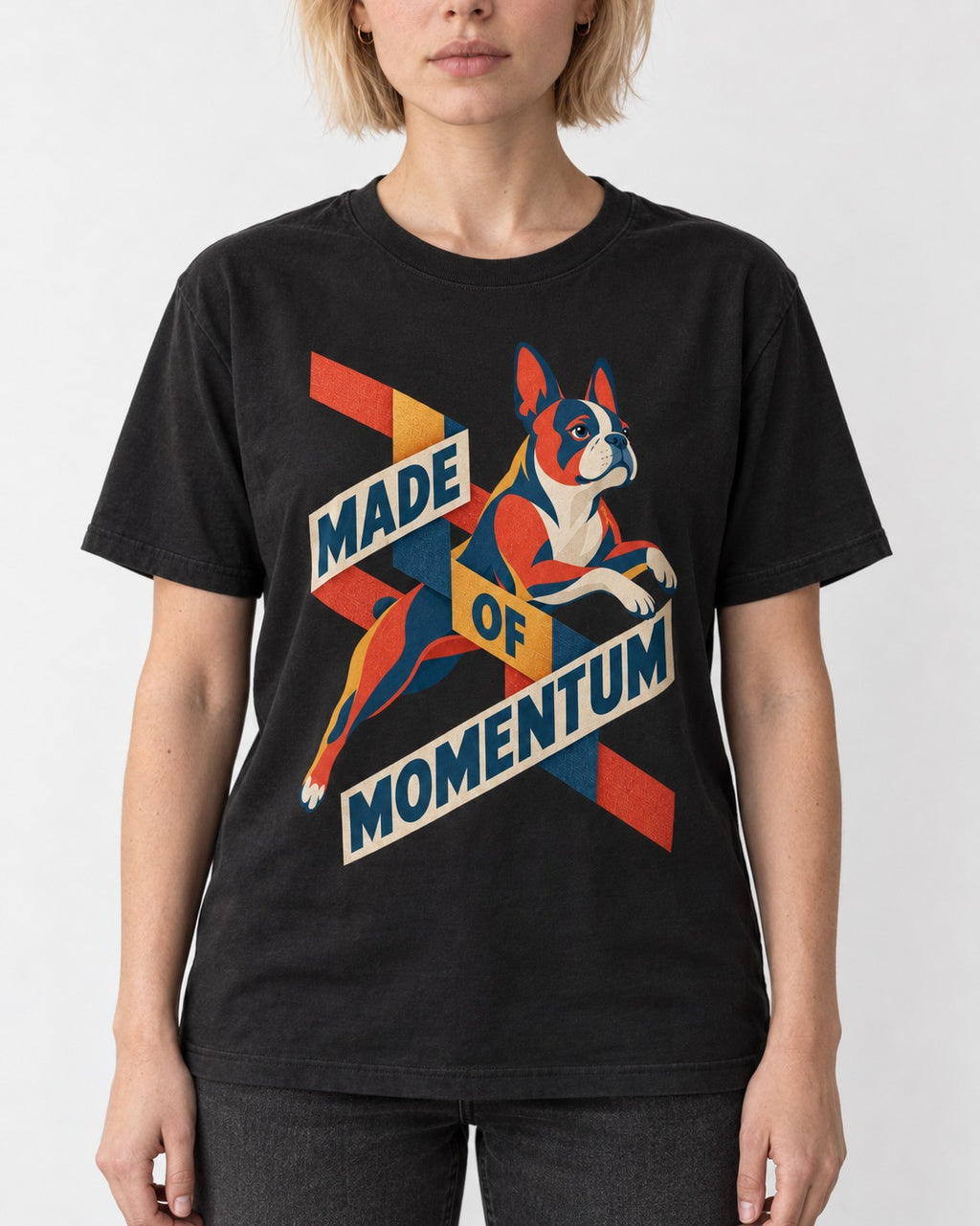Made of Momentum Boston Terrier T-Shirt in Black, worn by a model, front view