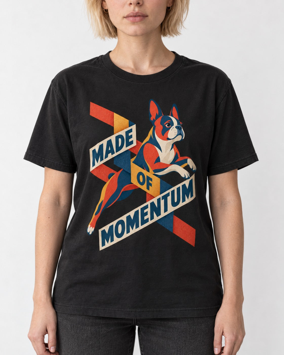 Made of Momentum Boston Terrier T-Shirt in Black, worn by a model, front view