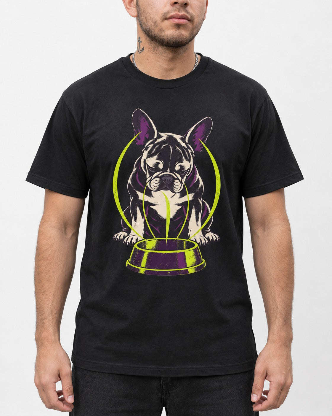 Frenchie Bowl Gravity Graphic T-Shirt in Black, worn by a model, front view