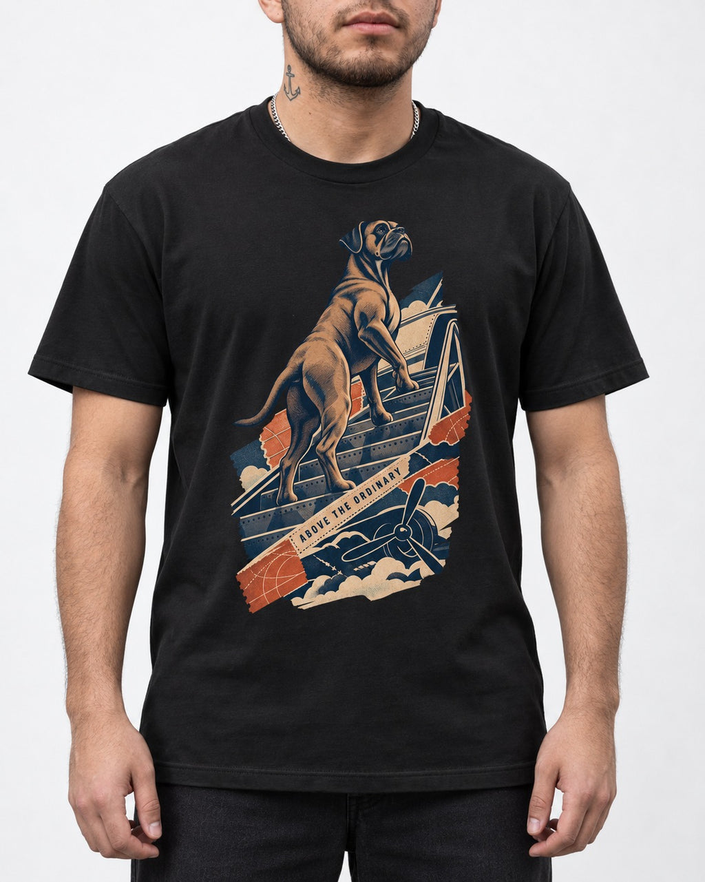 Above the Ordinary Boxer Aviation Graphic T-Shirt in Black, worn by a model, front view