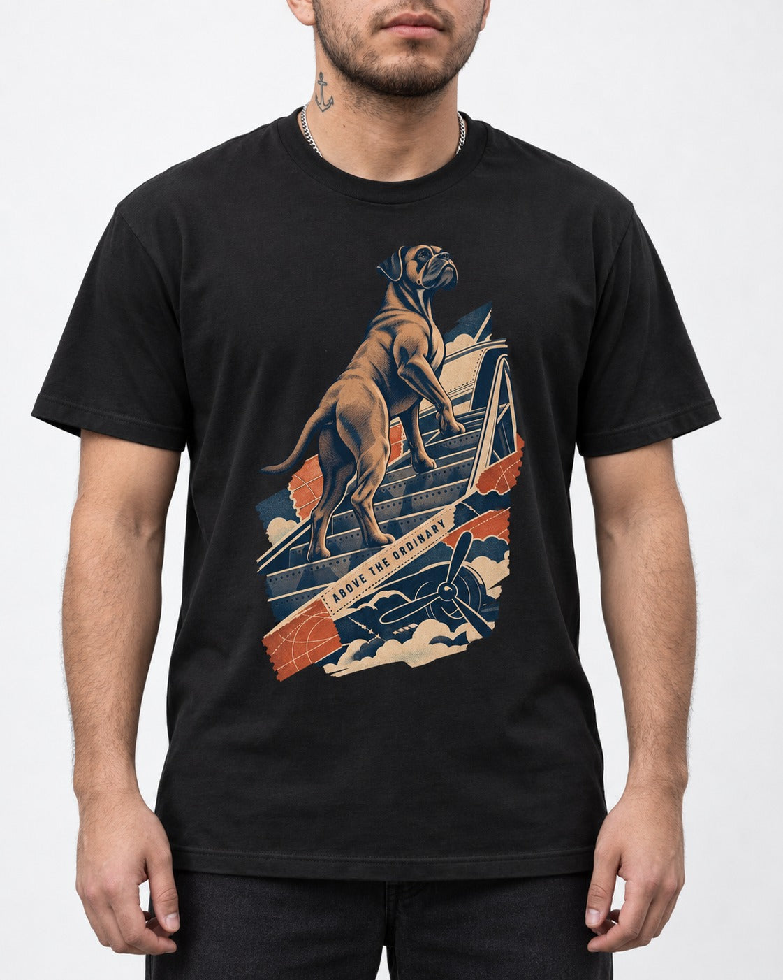 Above the Ordinary Boxer Aviation Graphic T-Shirt in Black, worn by a model, front view