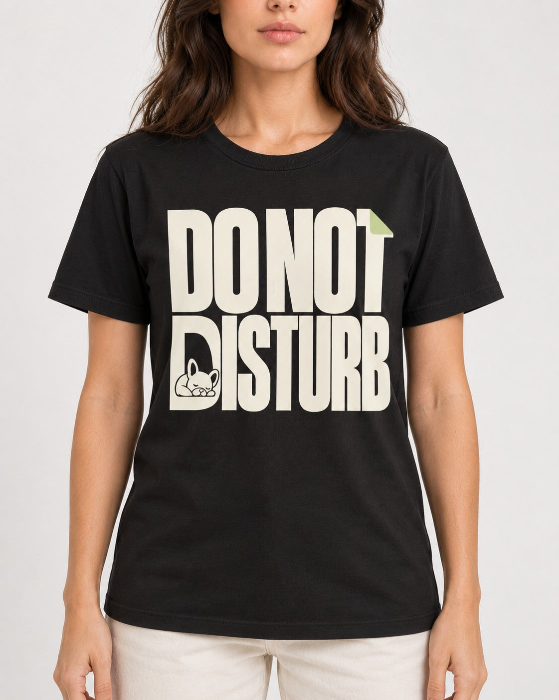 Frenchie Do Not Disturb Hidden Sleeping Graphic T-Shirt in Black, worn by a model, front view
