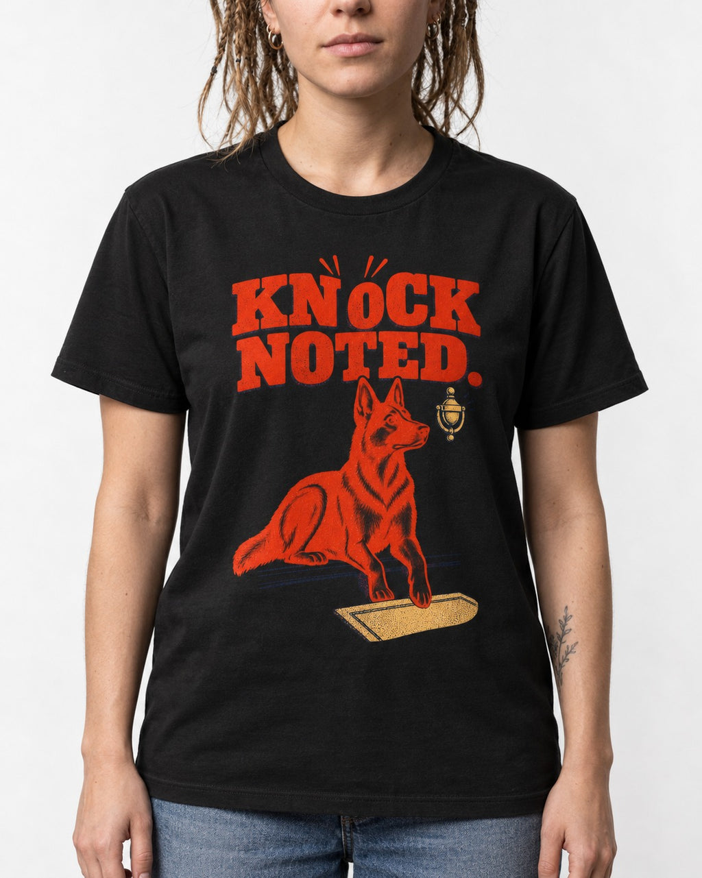 Knock Noted Door Knocker German Shepherd Dog Graphic T-Shirt in Black, worn by a model, front view