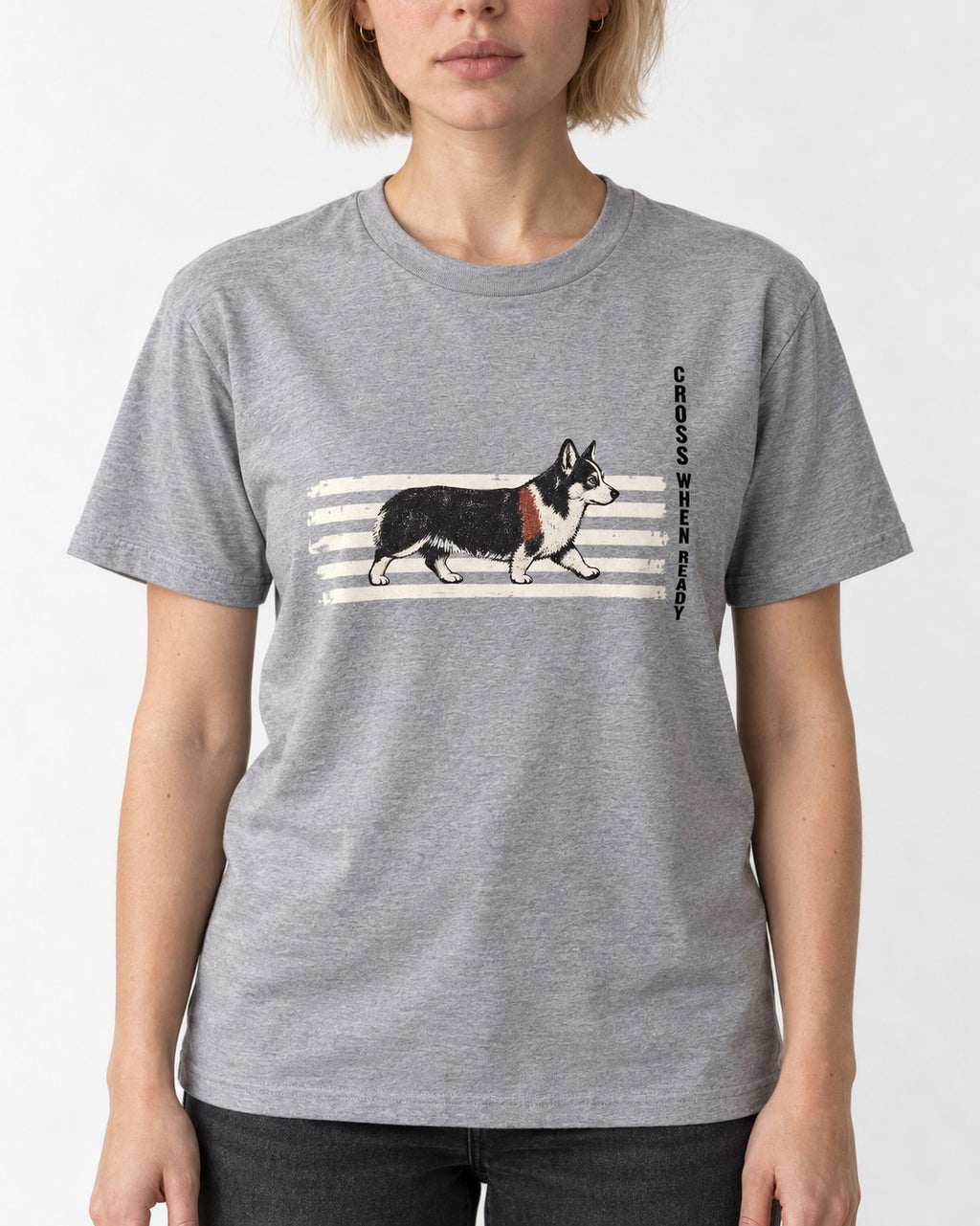 Corgi Cross When Ready Crossing Bars Graphic T-Shirt in Sport Grey, worn by a model, front view