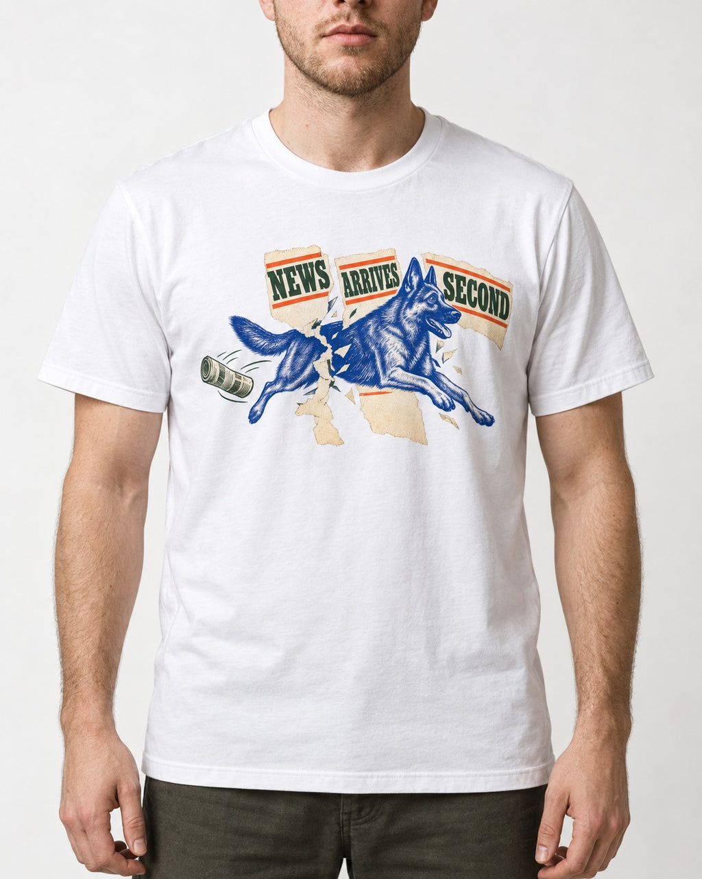 News Arrives Second German Shepherd Dog T-Shirt in White, worn by a model, front view