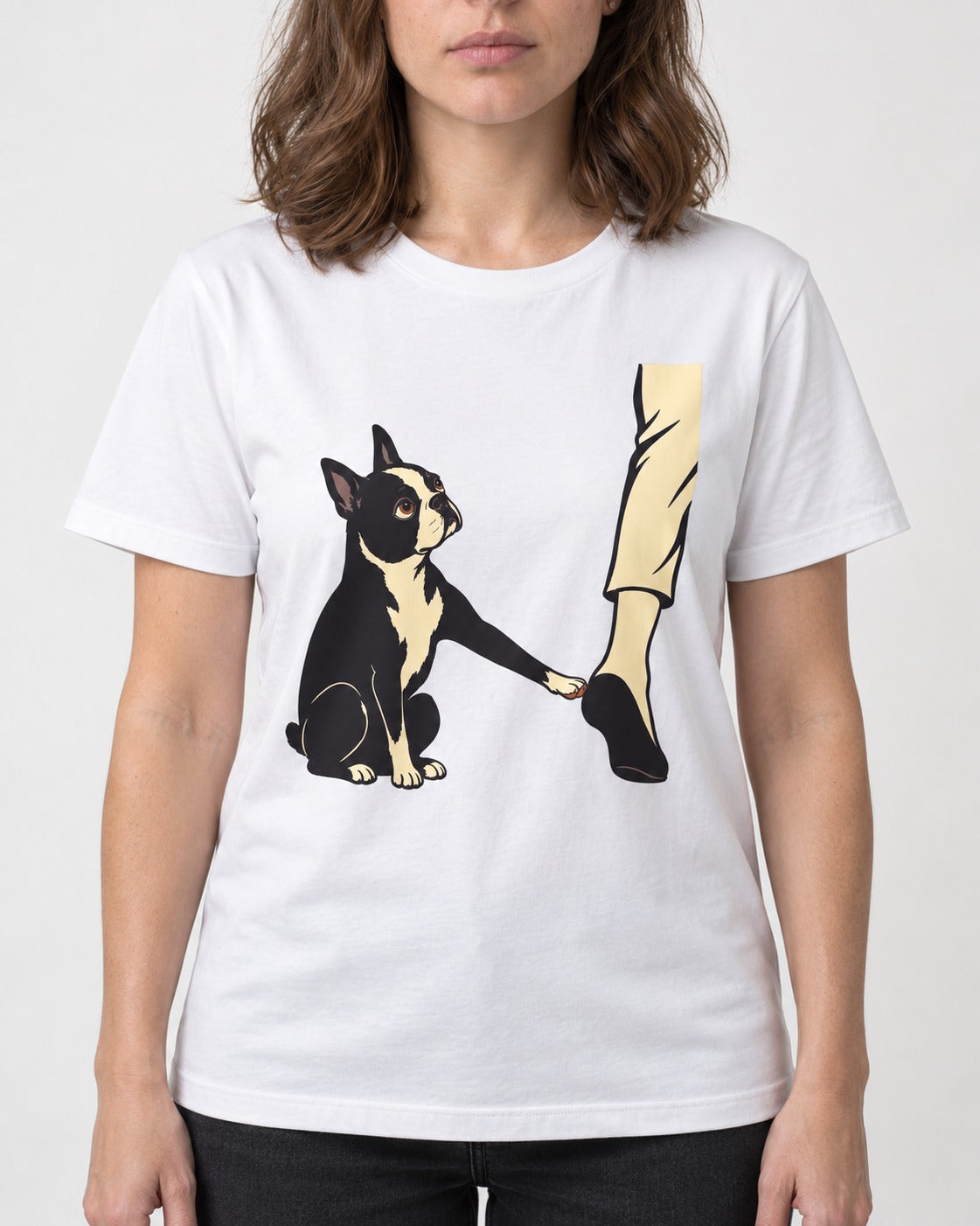 Boston Terrier Stay with Me T-Shirt in White, worn by a model, front view