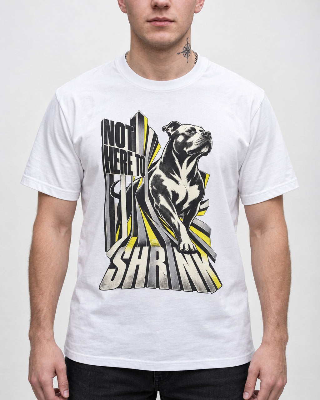 Not Here to Share Pitbull T-Shirt in White, worn by a model, front view