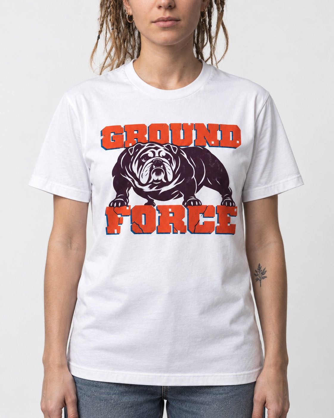 Ground Force English Bulldog T-Shirt in White, worn by a model, front view
