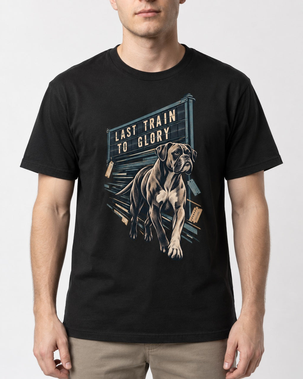 Last Train to Glory Boxer T-Shirt in Black, worn by a model, front view