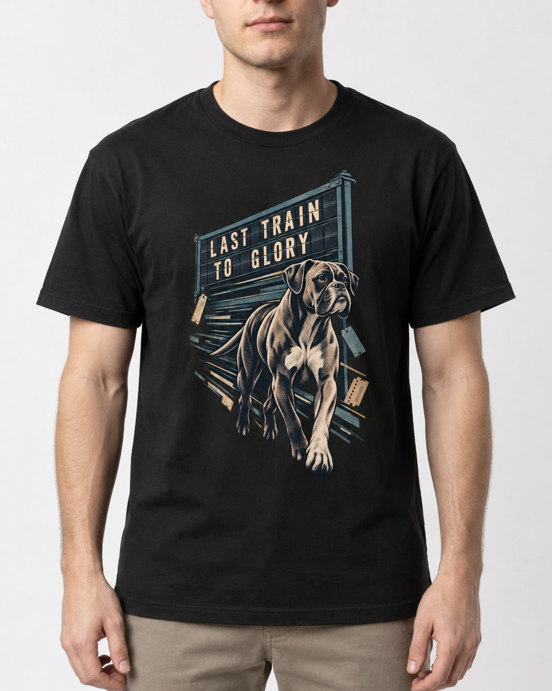 Last Train to Glory Boxer T-Shirt in Black, worn by a model, front view