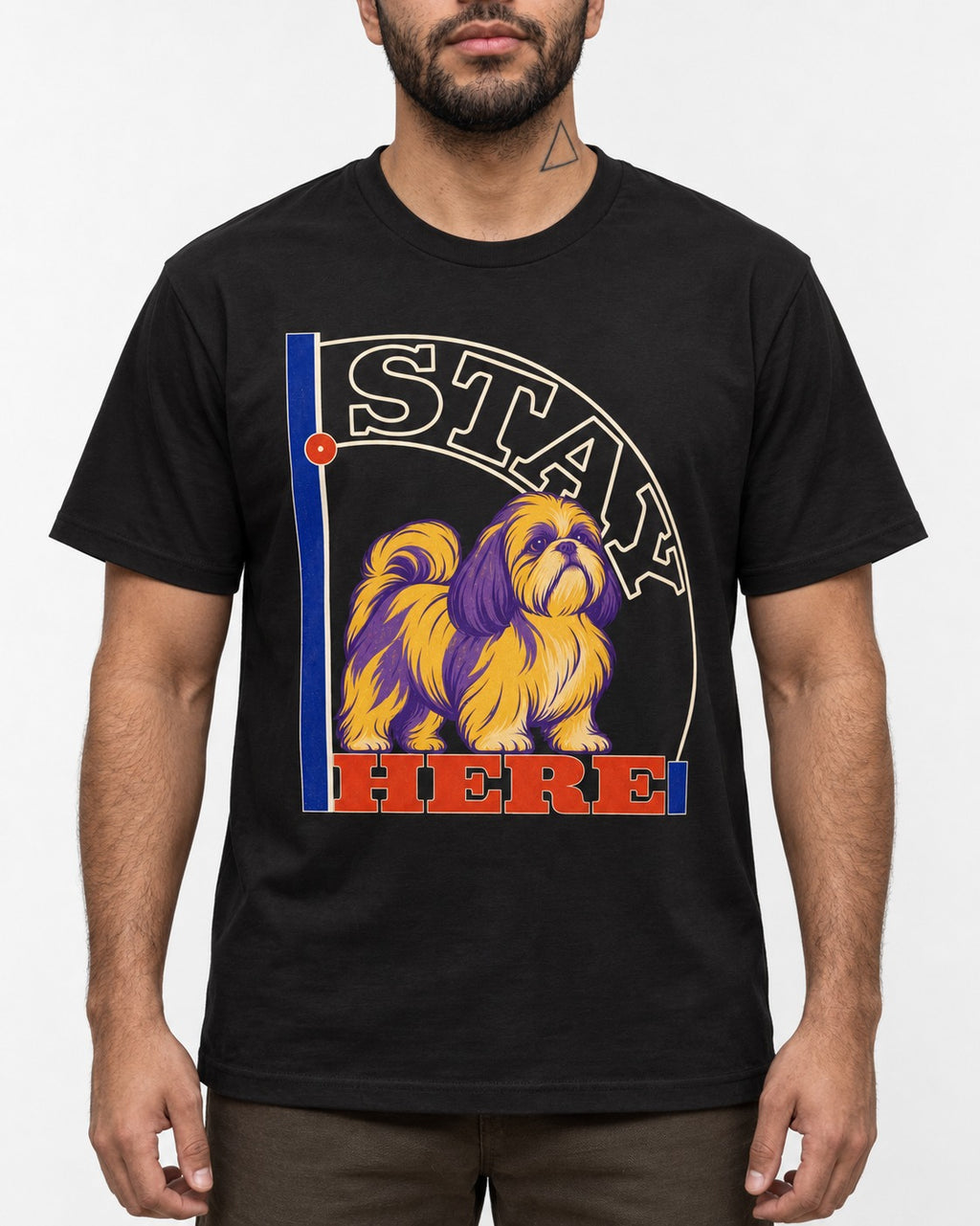 Shih Tzu Stay Here Semicircle Sign Graphic T-Shirt in Black, worn by a model, front view