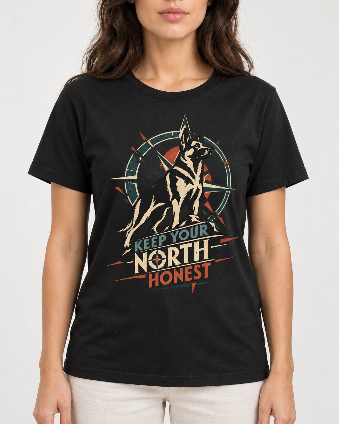 Keep Your North Honest Compass German Shepherd Dog Graphic T-Shirt in Black, worn by a model, front view