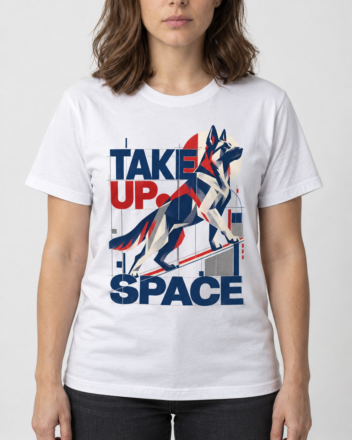 Take Up Space German Shepherd Dog T-Shirt in White, worn by a model, front view
