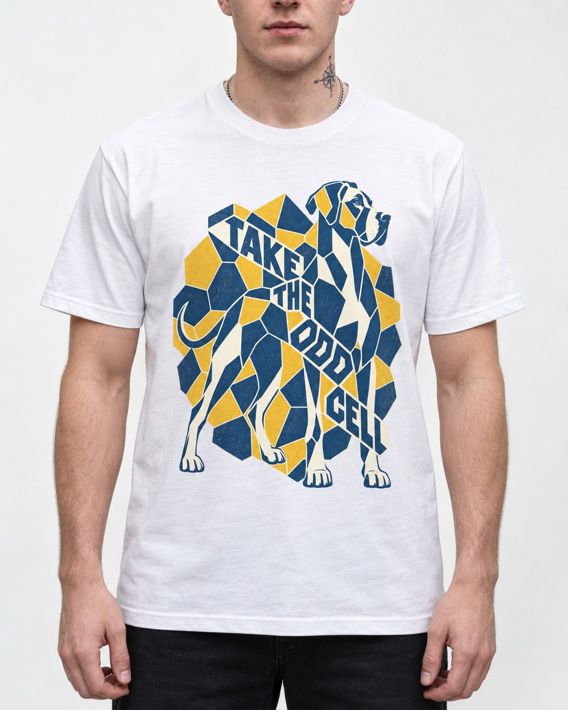 Take the Odd Cell Great Dane T-Shirt in White, worn by a model, front view