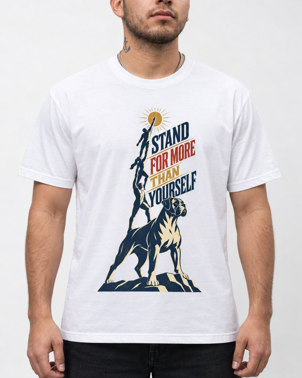 Boxer Stand for More T-Shirt in White, worn by a model, front view