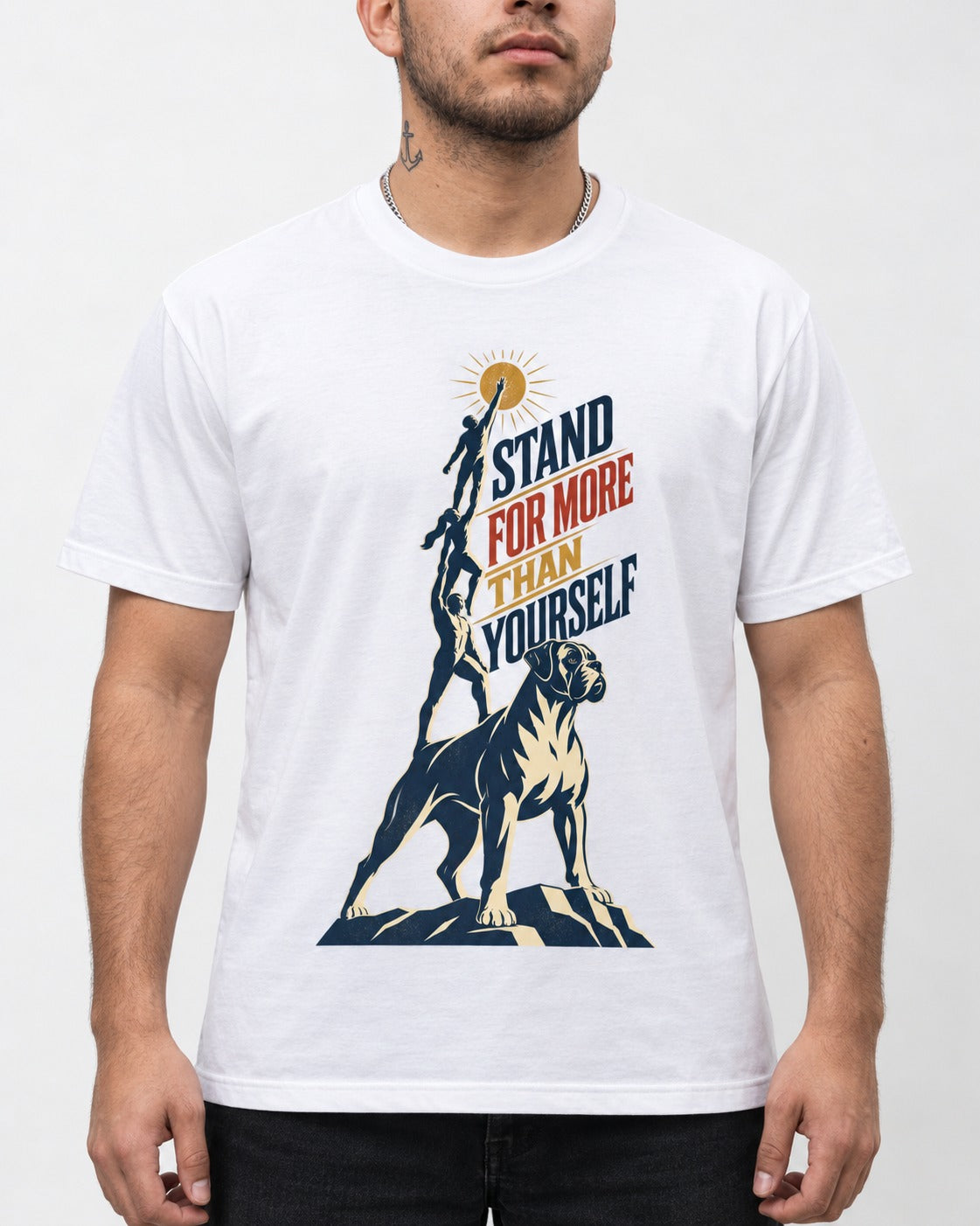 Boxer Stand for More T-Shirt in White, worn by a model, front view