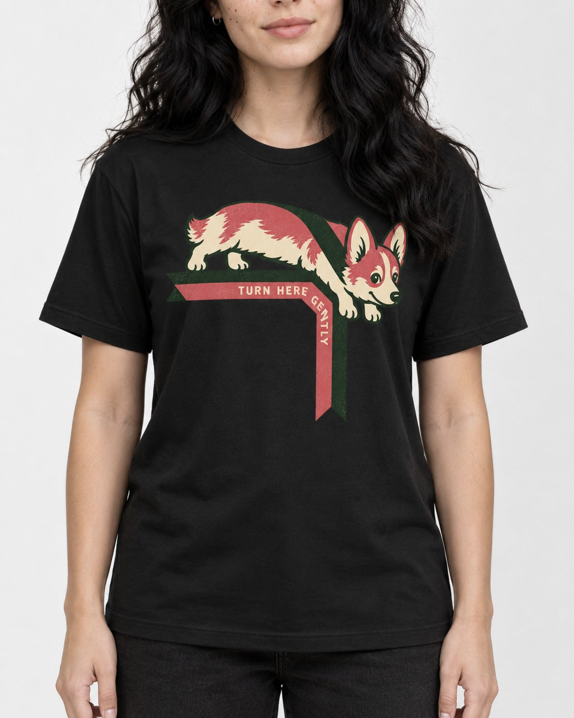 Corgi Turn Here Gently T-Shirt in Black, worn by a model, front view