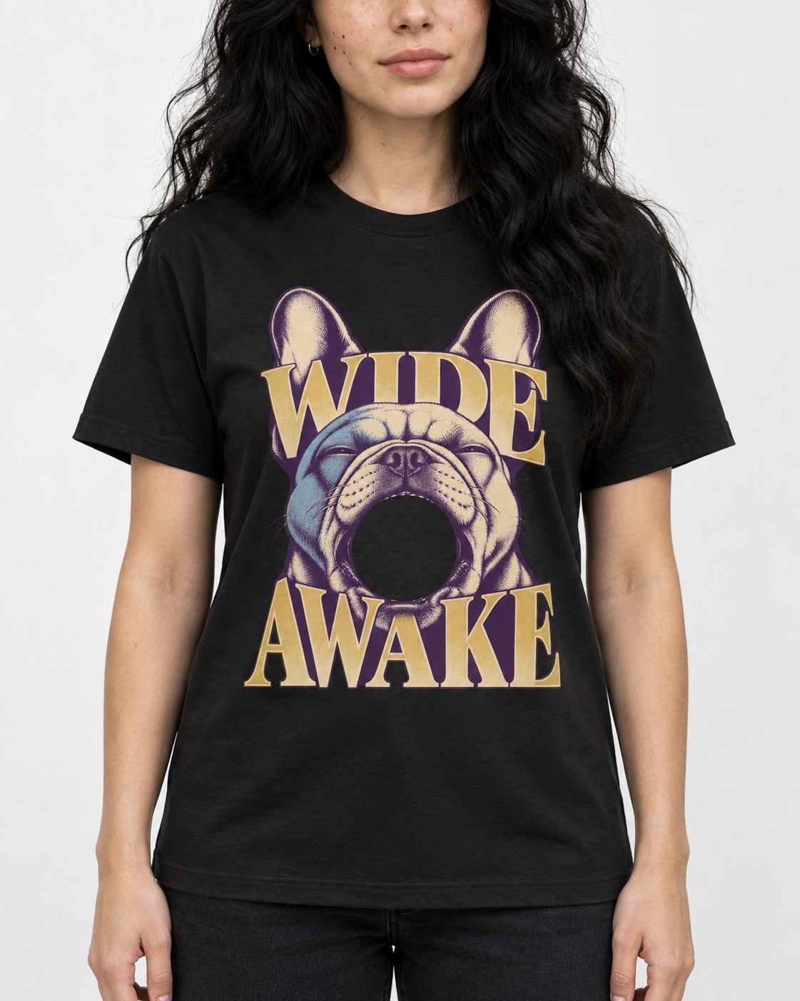 Frenchie Wide Awake Yawn Graphic T-Shirt in Black, worn by a model, front view