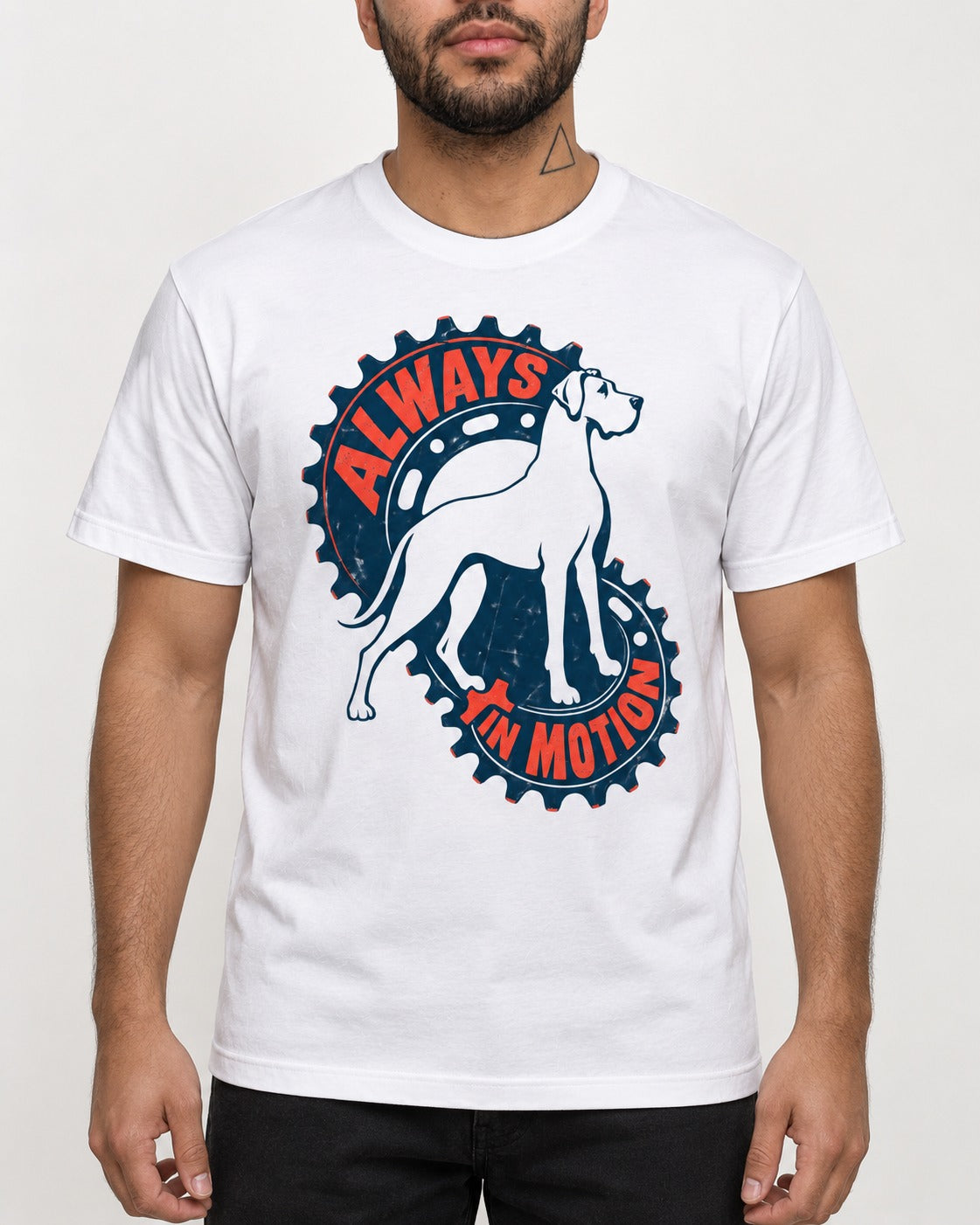 Great Dane Always in Motion T-Shirt in White, worn by a model, front view