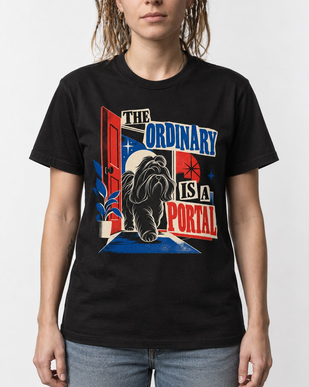 Shih Tzu The Ordinary Is a Portal Door Graphic T-Shirt in Black, worn by a model, front view