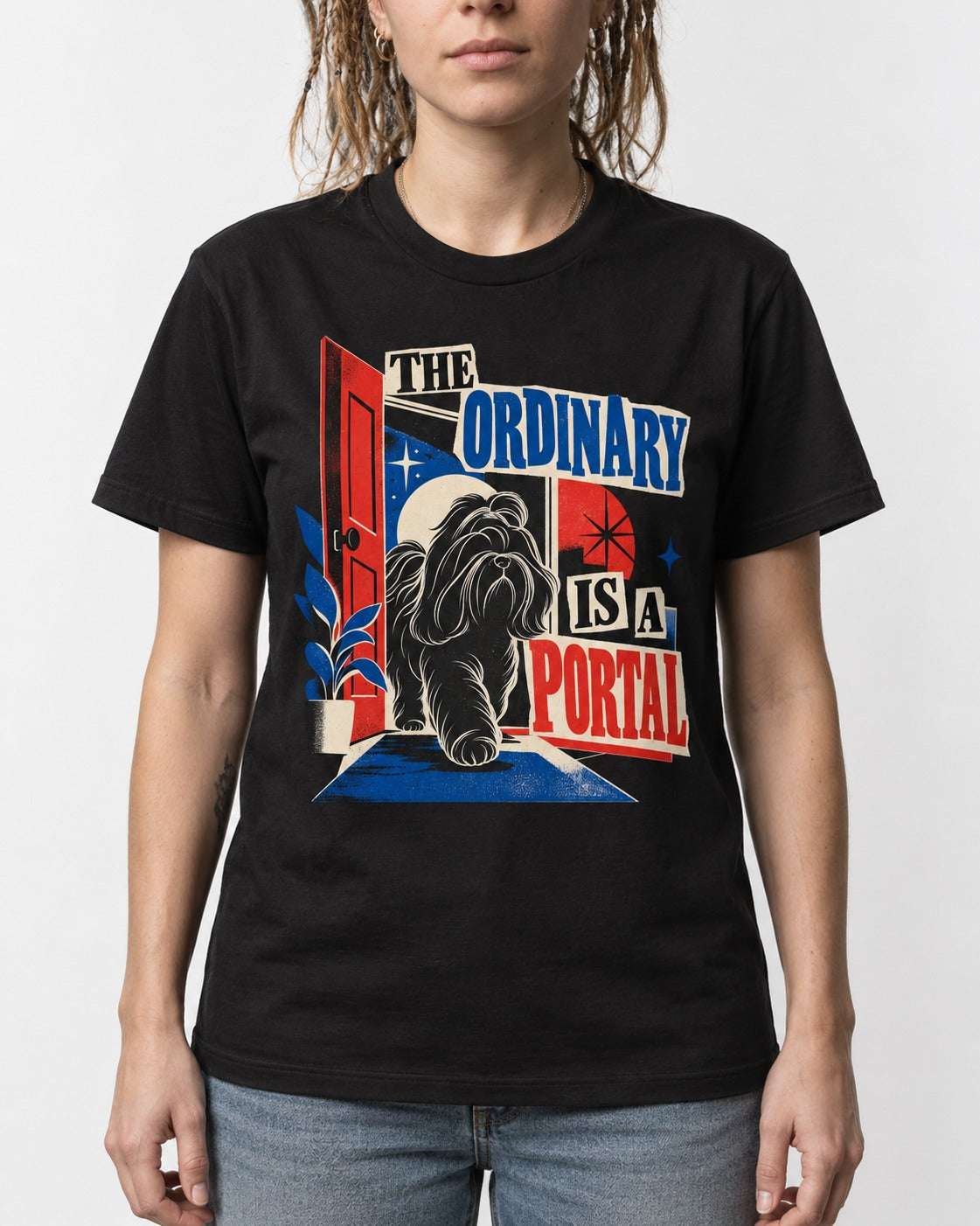 Shih Tzu The Ordinary Is a Portal Door Graphic T-Shirt in Black, worn by a model, front view