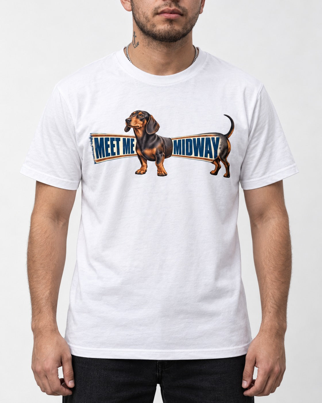 Dachshund Meet Me Midway T-Shirt in White, worn by a model, front view