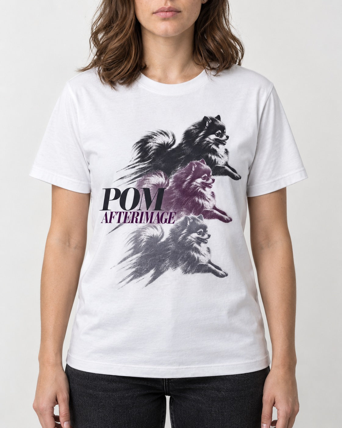 Pomeranian Afterimage T-Shirt in White, worn by a model, front view