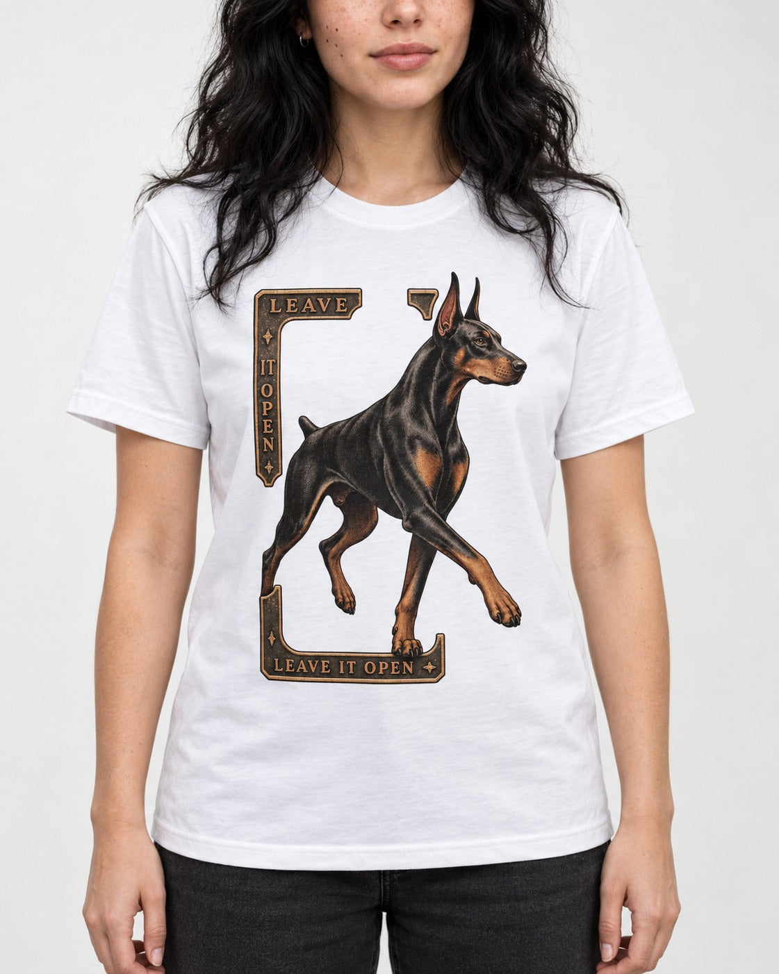 Leave It Open Doberman T-Shirt in White, worn by a model, front view
