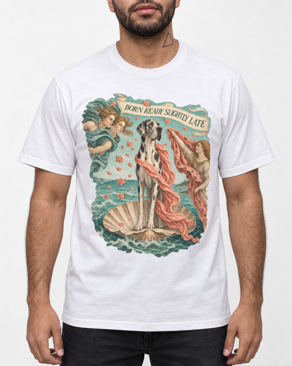 Great Dane Born Ready Slightly Late T-Shirt in White, worn by a model, front view