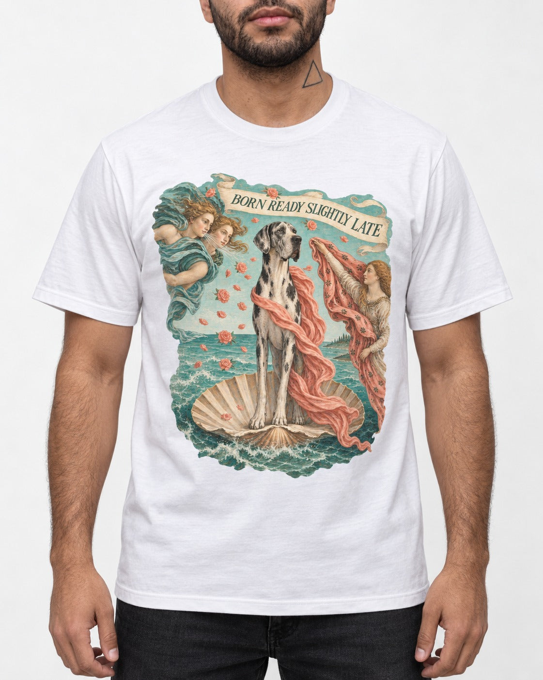 Great Dane Born Ready Slightly Late T-Shirt in White, worn by a model, front view