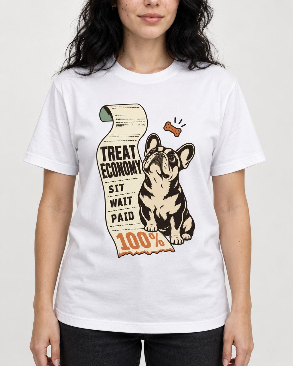 Sit Wait Paid Frenchie T-Shirt in White, worn by a model, front view