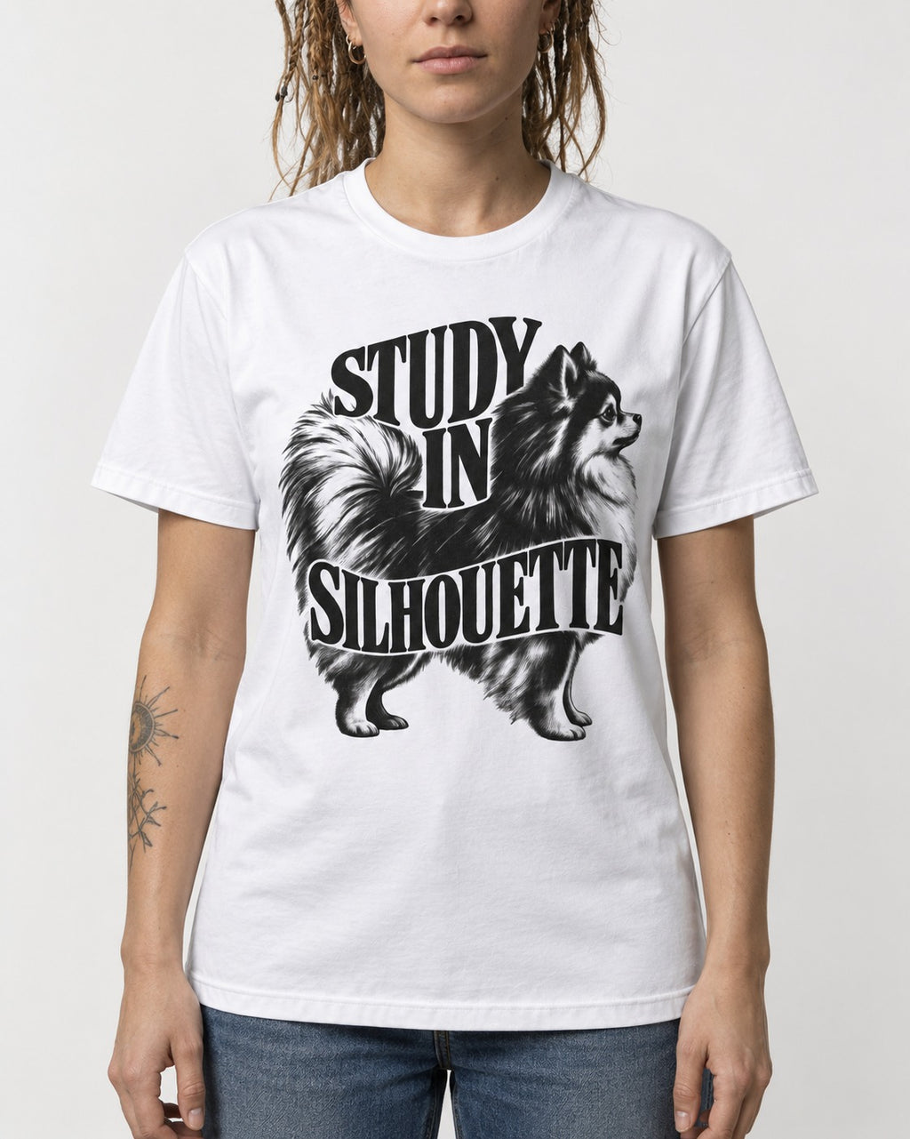 Pomeranian Study in Silhouette T-Shirt in White, worn by a model, front view