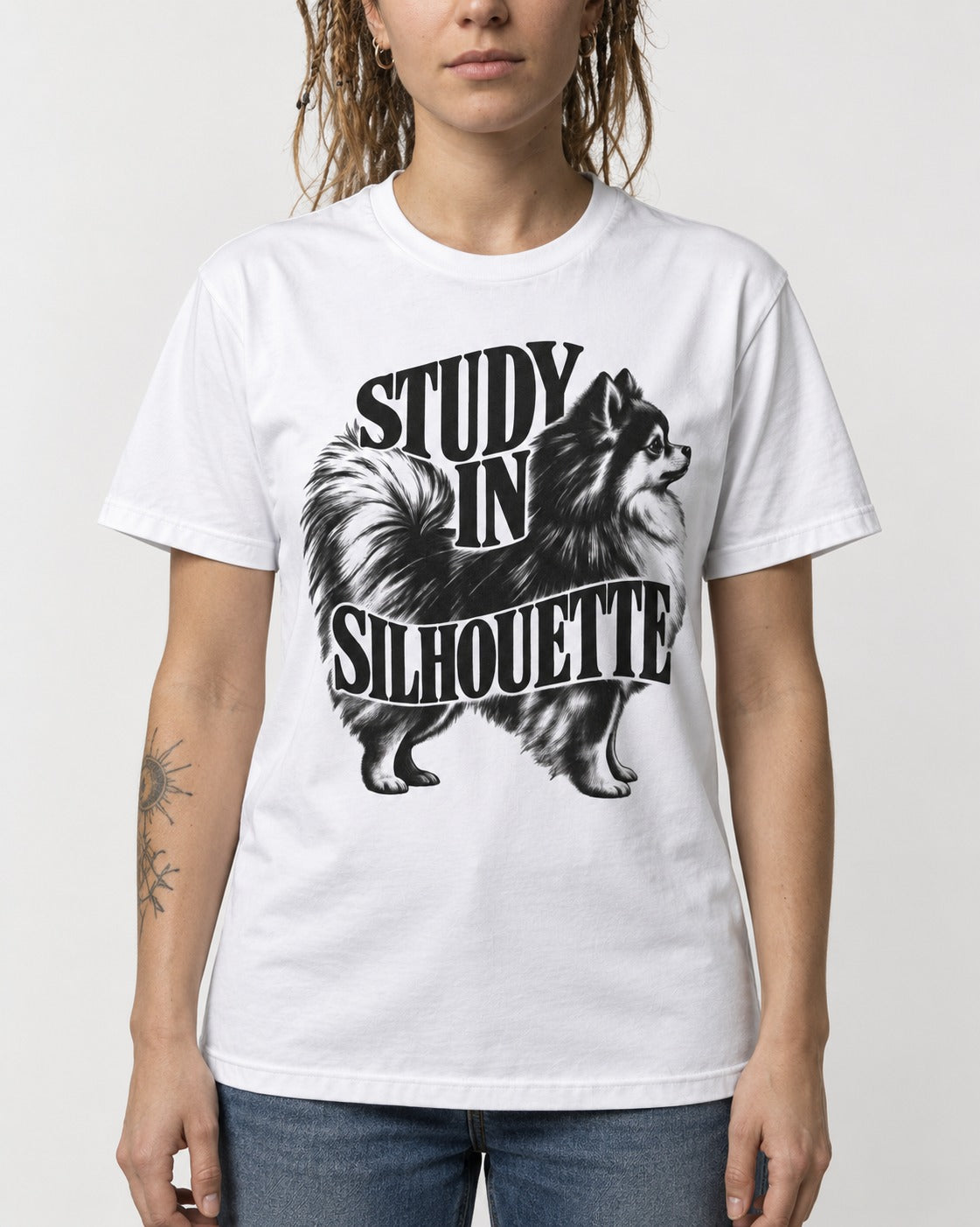 Pomeranian Study in Silhouette T-Shirt in White, worn by a model, front view