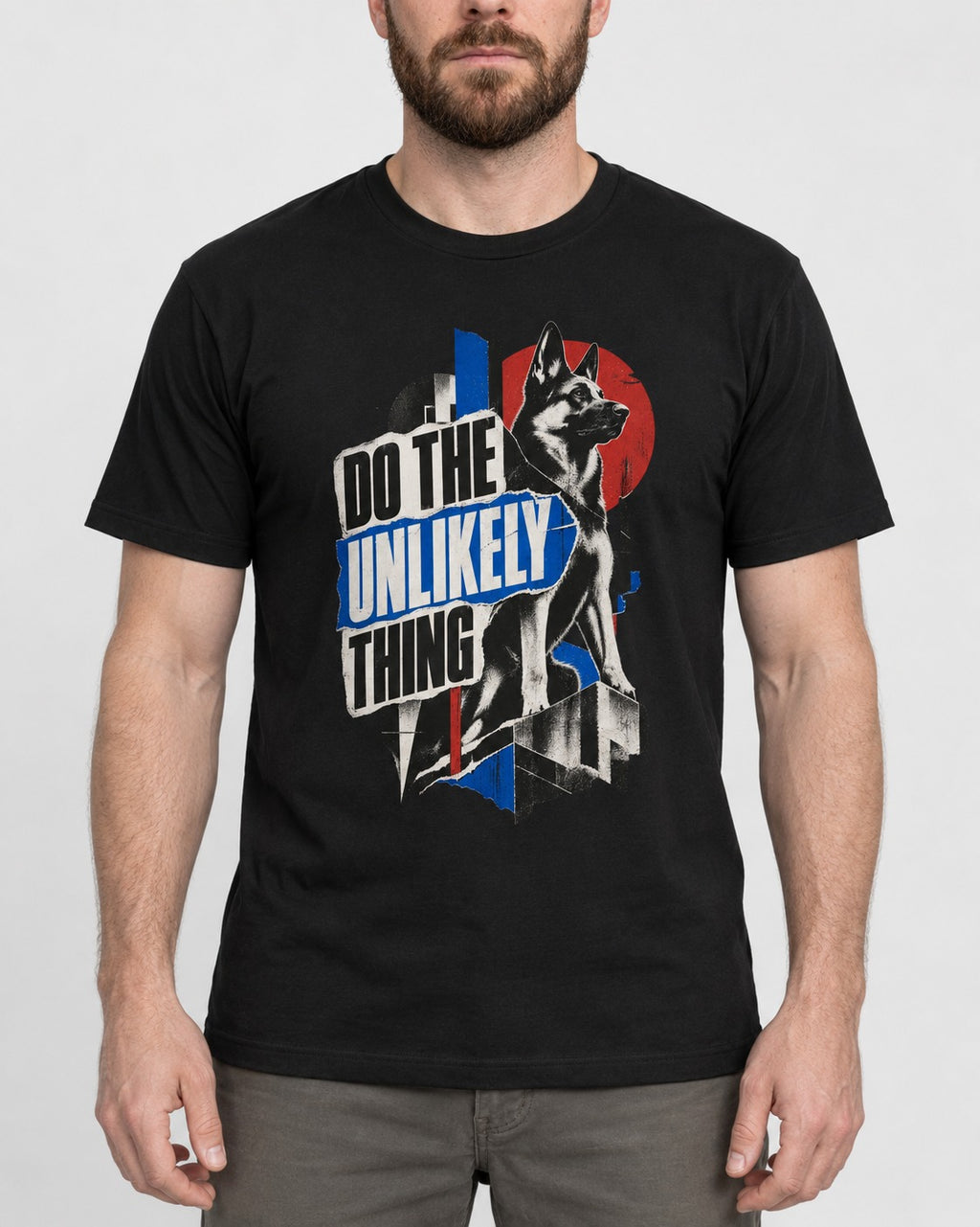 Do The Unlikely Thing Torn Poster German Shepherd Dog Graphic T-Shirt in Black, worn by a model, front view
