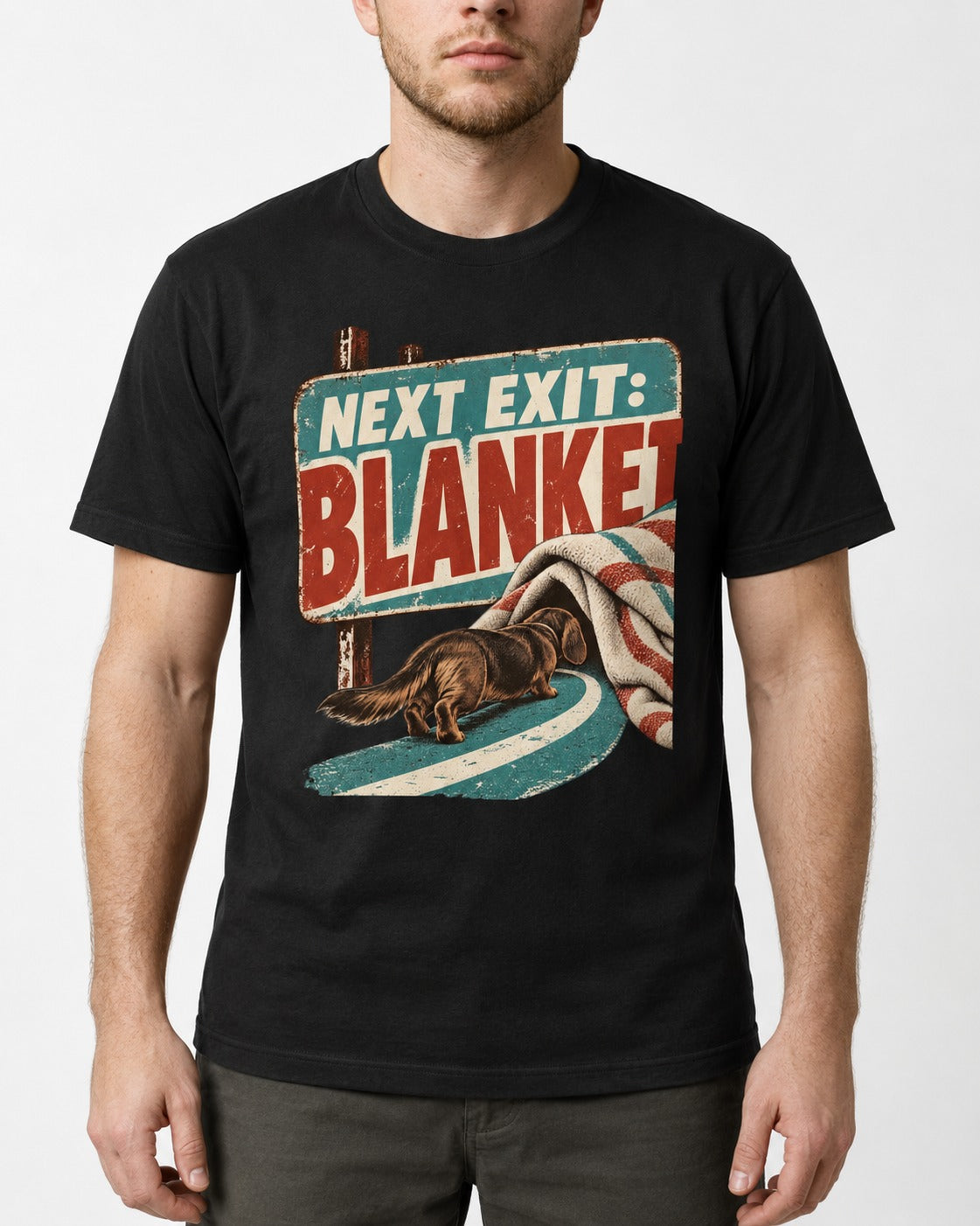 Dachshund Next Exit Blanket Road Sign Graphic T-Shirt in Black, worn by a model, front view
