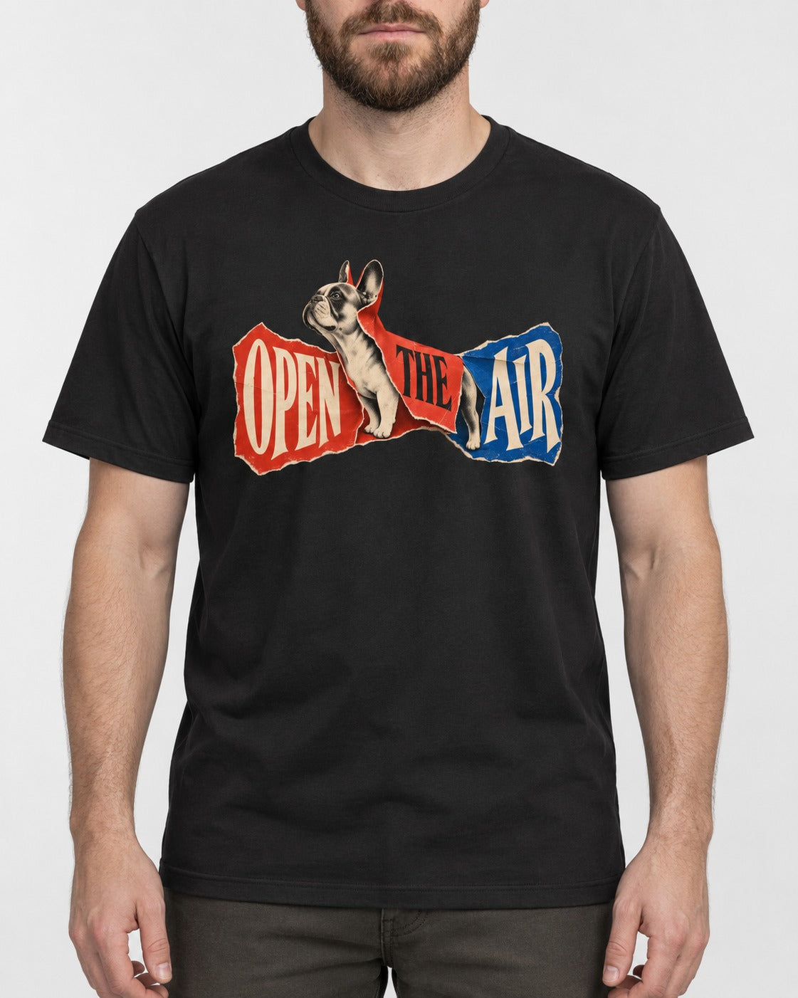 Frenchie Open the Air Torn Poster Graphic T-Shirt in Black, worn by a model, front view