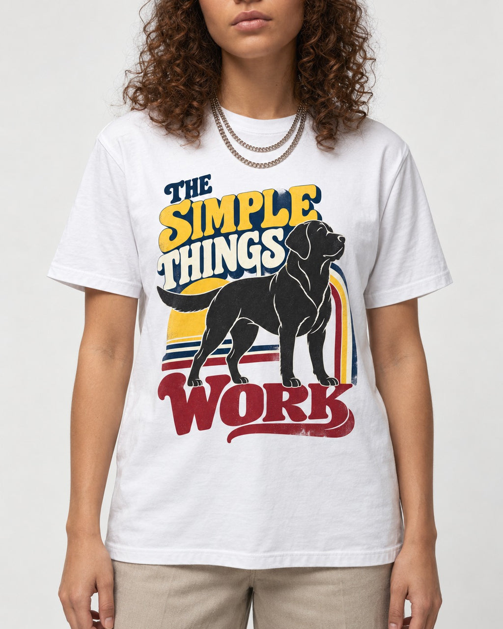 The Simple Things Work Labrador Retriever T-Shirt in White, worn by a model, front view